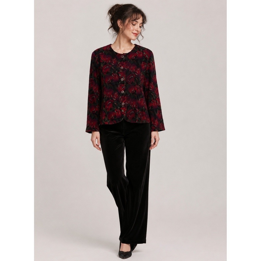 Vintage Norton McNaughton Cardigan Womens 12 Red Floral Velvet Flower Button